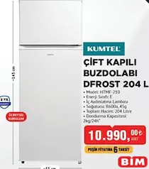 KUMTEL ÇİFT KAPILI BUZDOLABI DFROST 204 L